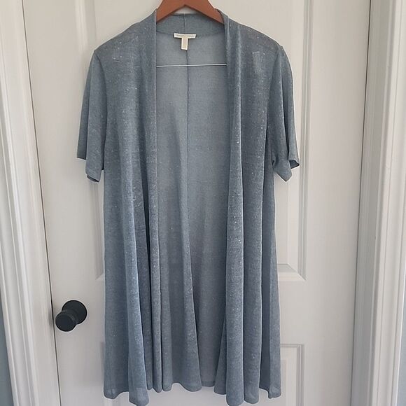 Eileen Fisher Linen Blend Open Cardigan Short Sleeve Shimmer Blue Duster Size XL - Picture 1 of 6